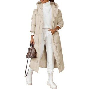 Women's Long Quilted Coat Winter Hooded Button Down Puffer Padded Jacket